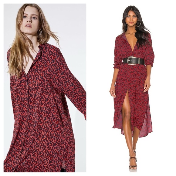 IRO / Pirae midi shirt dress button down Dress red leopard 40 large L - Picture 1 of 7